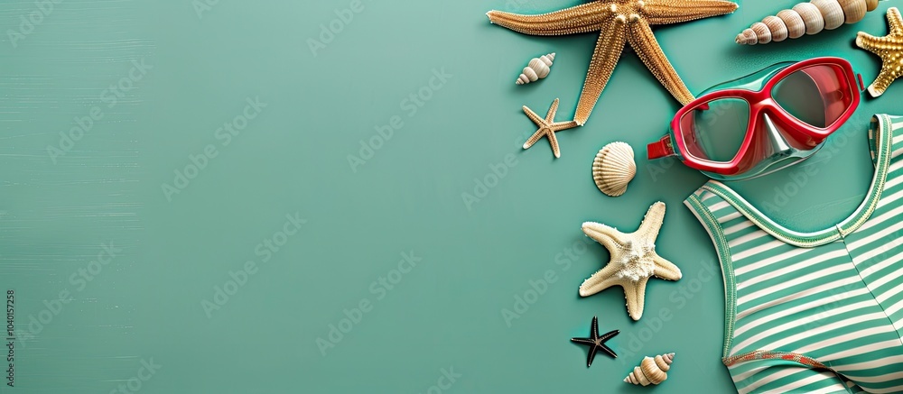 Poster green background with a striped swimsuit diving mask seashell and starfish arranged neatly in a flat