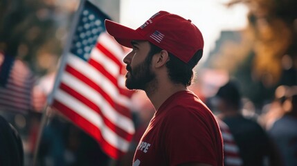 Man holding an American flag in front of a presidential campaign banner, symbolizing hope and change