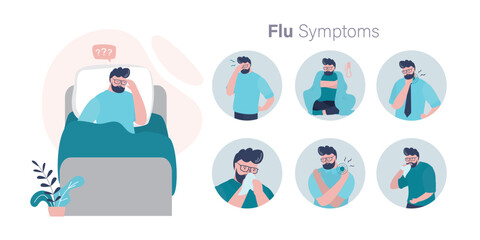 Sick guy at home. Male character with flu symptoms. Man lying in bed and covered in blanket. Bedroom interior design. Infographic with flu symptoms.