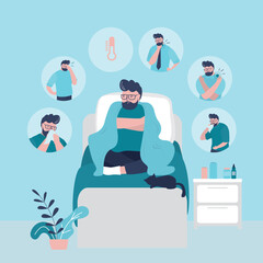 Sick guy at home. Male character with flu symptoms. Man sits covered in blanket and drinks tea. Bedroom interior design. Infographic with flu symptoms.