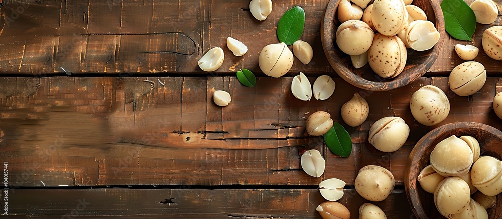 Poster macadamia nuts arranged on a wooden table with copy space image