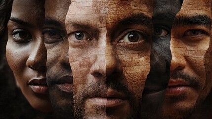 Human face made from different portrait of men and women of diverse age and race. Combination of faces. Humanity. Concept of social equality, human rights, freedom, diversity, acceptance