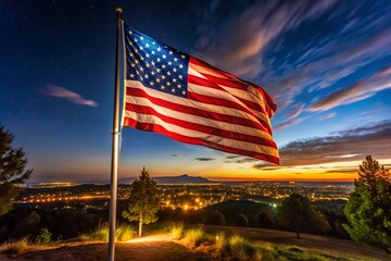 Obraz premium Night Photography of American Flag Emblem with Stars - Captivating Symbol of Patriotism and Unity in a Dark