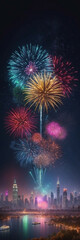 Obraz premium Colorful fireworks explode over a city skyline on New Year's Eve