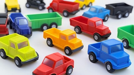 A collection of colorful toy trucks on a white background.