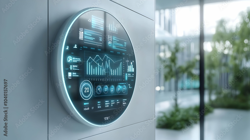 Poster 3d holographic smart thermostat floating temperature graph dolly shot white wall zooms in energy usa