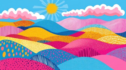 Abstract colorful hills landscape with clouds and sun, simple lines and shapes, doodle art style, flat illustration