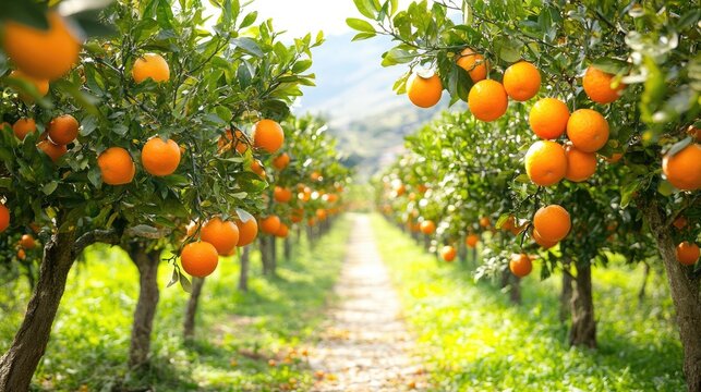 A beautiful orange orchard with rows of trees filled with ripe fruit, representing the bounty and richness of the harvest, on white