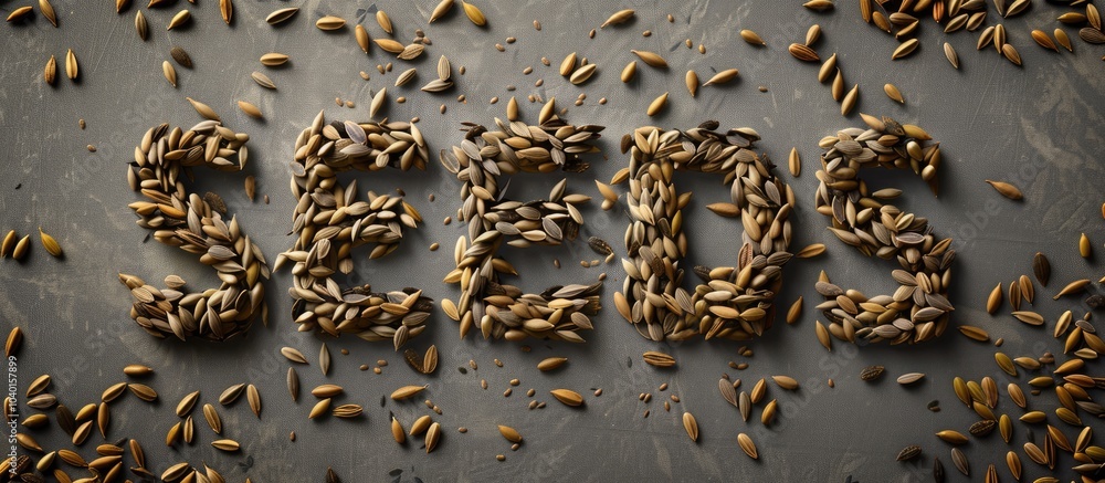 Poster overhead view of the word seeds made from english seeds on a grey background of dried seeds leaving 