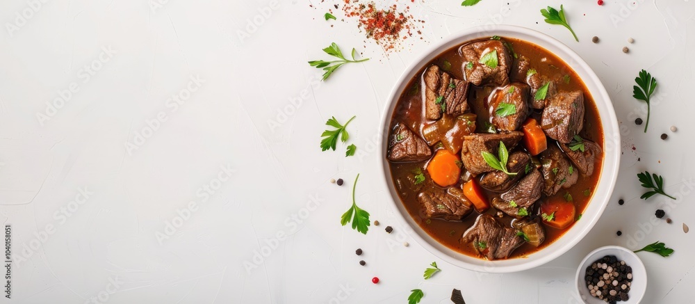 Aufkleber top view of a beef stew against a white backdrop with copy space image