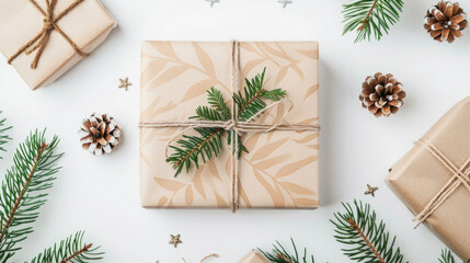 Christmas gifts wrapped with pine branches and natural twine, ideal for eco-friendly holiday celebrations and sustainable gift wrapping