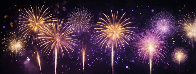 Naklejka premium Golden and violet fireworks light up the night sky on New Year's Eve