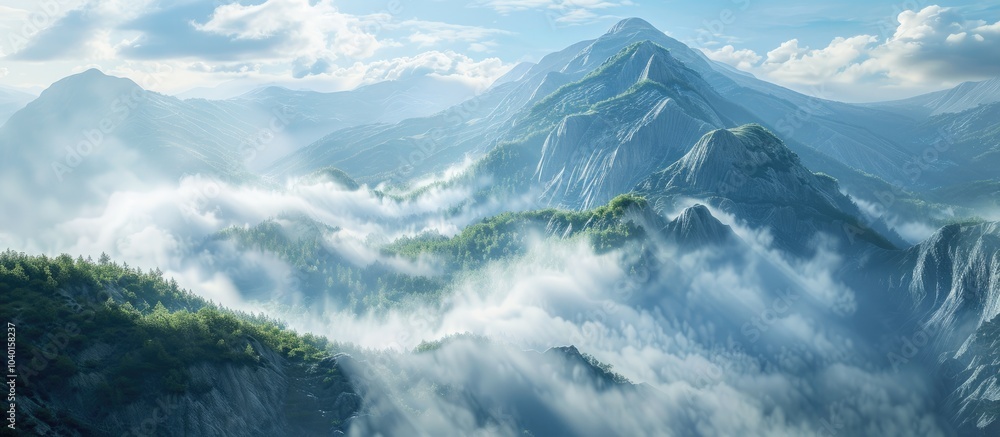 Poster clouds cascading gracefully over the ridgeline creating a serene copy space image