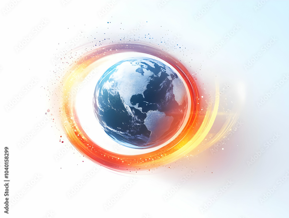Poster flat abstract light trails around earth concept - soft abstract light trails encircle globe with bok