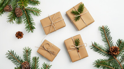 Christmas Gifts Wrapped in Brown Paper with Pine Branches, Eco-Friendly Holiday Packaging