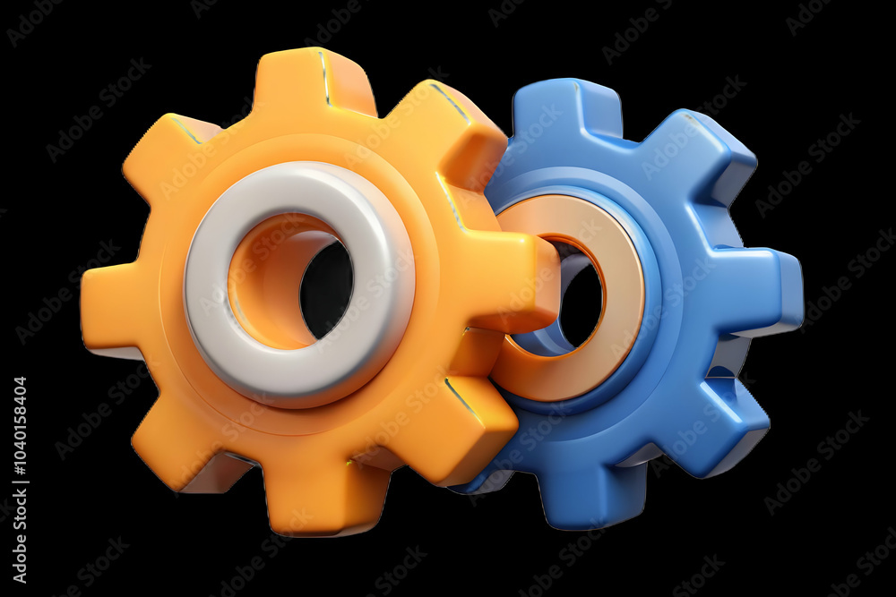 Poster close up macro image of interlocking robotic human gears symbolizing seamless collaboration with amp