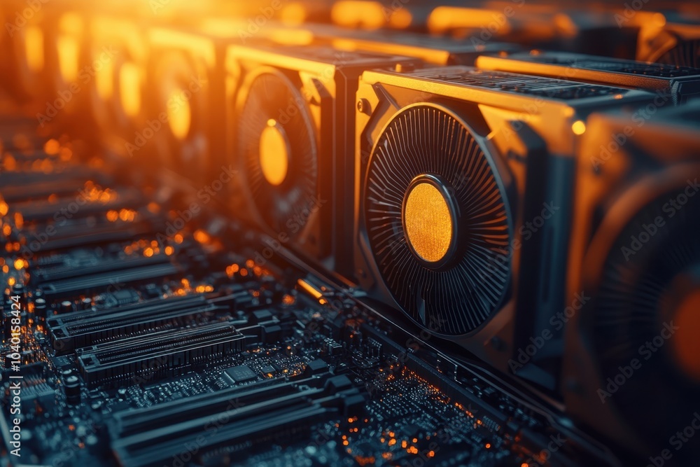 Poster high-tech computer hardware with graphics cards illuminated in an orange glow during late evening