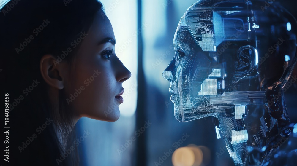 Poster human interact with ai artificial intelligence virtual assistant chatbot in concept of ai artificial