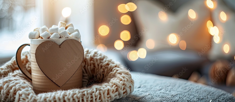 Poster a cardboard heart and a mug of hot cocoa with marshmallows rest on a gray table creating a cozy and 