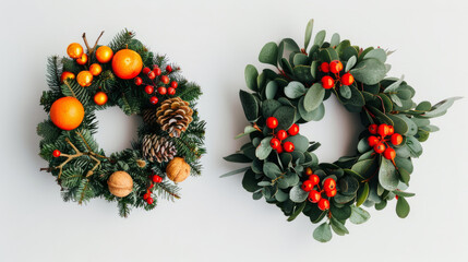 Stylish Christmas wreaths with pine cones and oranges, modern holiday decor and festive celebrations.