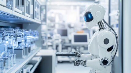 A robot managing automated scientific research tasks in a modern lab with advanced research instruments and data analysis tools, clean and innovative environment, Research-tech style