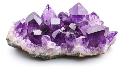 Fototapeta premium A cluster of raw amethyst crystals, with purple hues glowing in contrast against a smooth white background