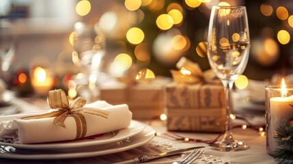 Christmas table setting with glassware and holiday decorations, festive dinners and celebrations