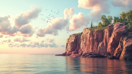 Rocky cliffs along the shores of Lake Superior, leaving space for text in the sky