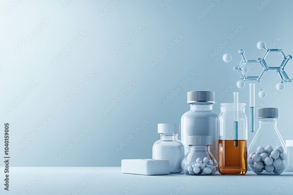 Poster laboratory setup with glassware and vials containing various substances on a blue background