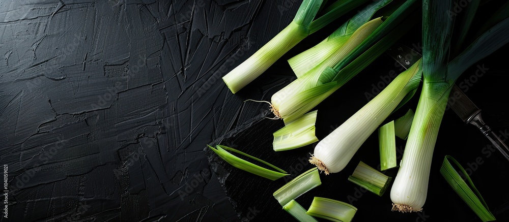 Poster flat lay image with leeks being sliced on black background featuring copy space