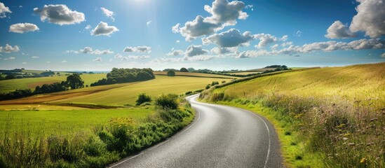 A country road runs through fields on the Isle of Wight on a sunny day creating a picturesque scene for a copy space image