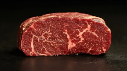 Marbled Wagyu beef steak cut, with intense detail of texture and fat distribution