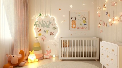 A cozy and stylish nursery with a white crib, a changing table, and a cloud-shaped nightlight.