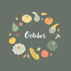 October greeting card with seasonal vegetables and leaves illustration. Circle composition with wreath of pumpkin, squash, gourd, berries and autumn leaves on green background