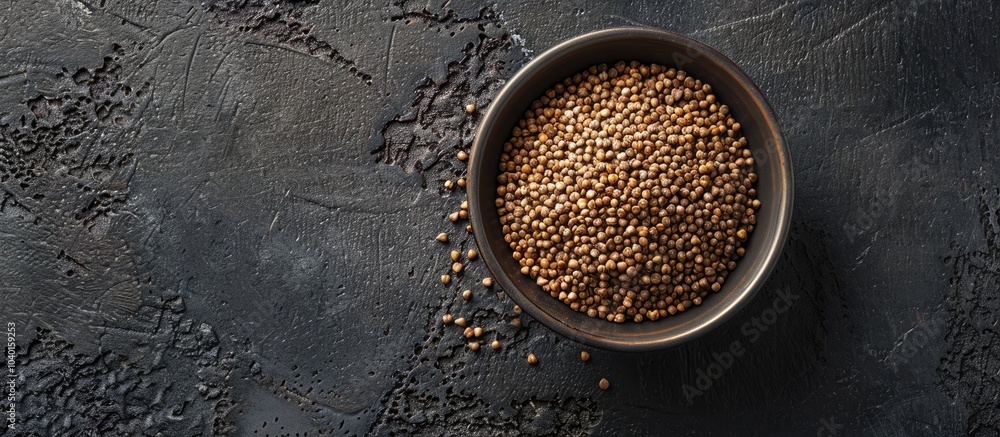 Poster top view of a bowl filled with buckwheat grains on a dark concrete surface with room for additional 