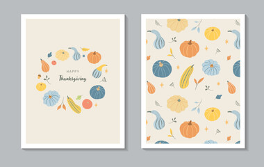Happy Thanksgiving greeting card or poster template. Cozy vector illustration with pumpkins and autumn leaves. Round wreath with squashes and stars. Pattern on beige background