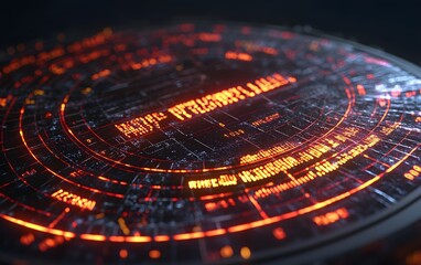 A futuristic display featuring glowing data and circular patterns, suggesting advanced technology.