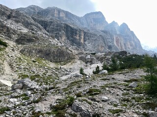 Panoramic view of Sasso di Santa Croce, Sas dla Crusc, La Crusc, Rosskofel in Alta Badia Valley , Dolomites , Trentino, Alto Adige, Sudtirol, South Tyrol, Italy