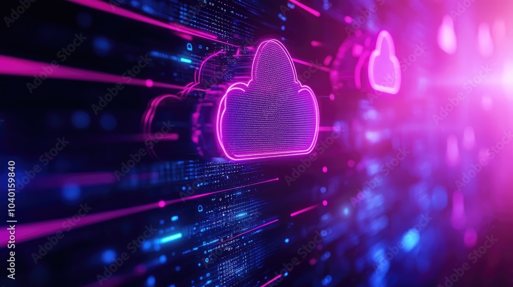 Poster colorful digital cloud technology background with neon lights and data streams.