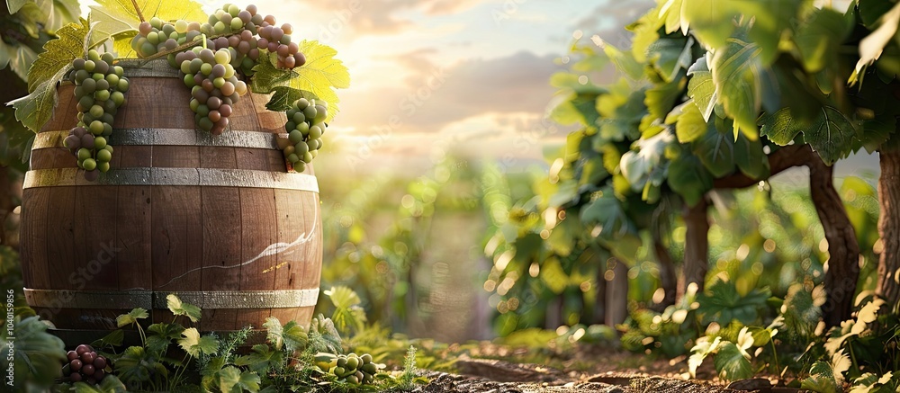 Poster rustic wine barrel adorned with grape vines in a scenic countryside vineyard ideal for displaying fo