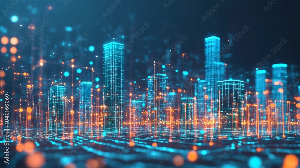 Poster Smart City in Low-Poly 3D. Tech-Driven Urban Architecture and Data Flow