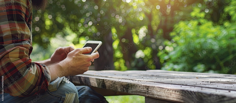 Poster a man is sitting outdoors in a green park at a wooden table using his smartphone with a touch screen