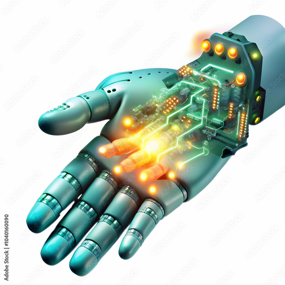 Poster close up human hand touching robotic hand glowing circuits macro shot symbolizing human machine conn