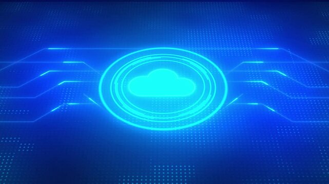 Motion graphic of Blue digital cloud computing logo and circle futuristic HUD elements