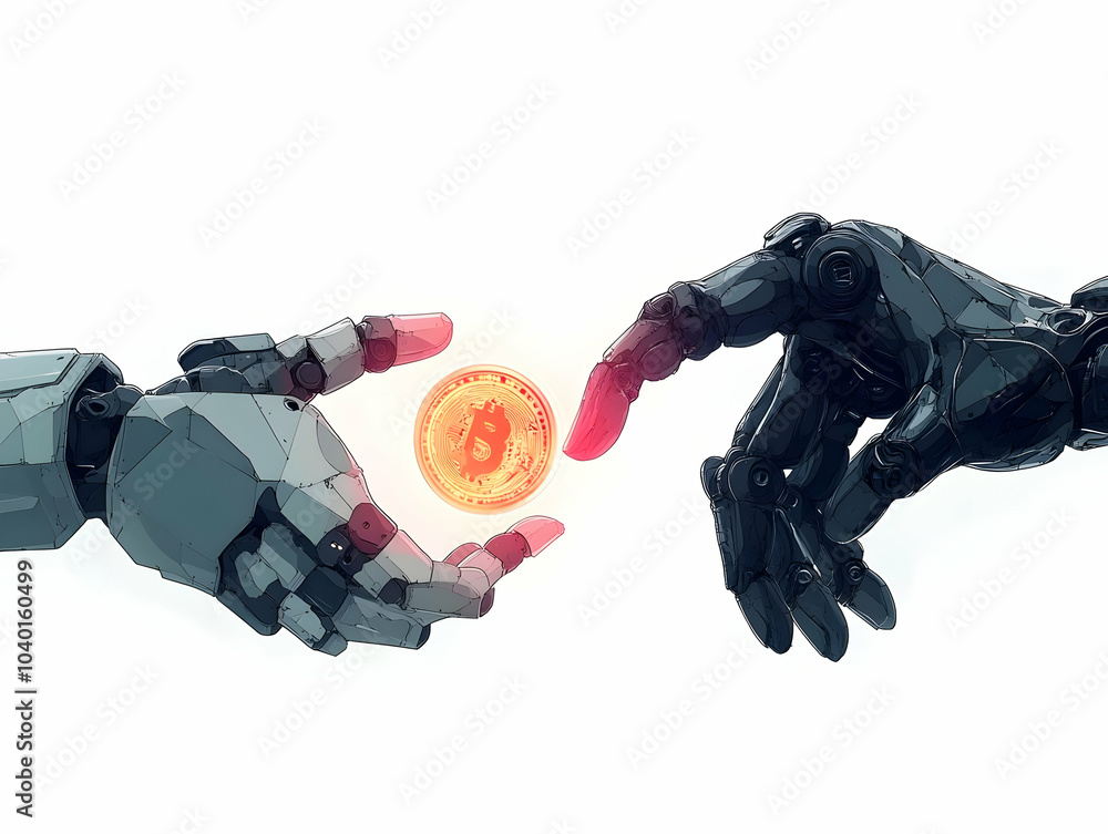Poster robotic hands exchanging glowing digital coin symbolizing financial responsibility - macro shot smar