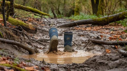 Obraz premium Trudging through muddy terrain, pair of blue boots splashes into puddle, surrounded by forest of trees and fallen leaves. scene captures essence of outdoor adventure and exploration