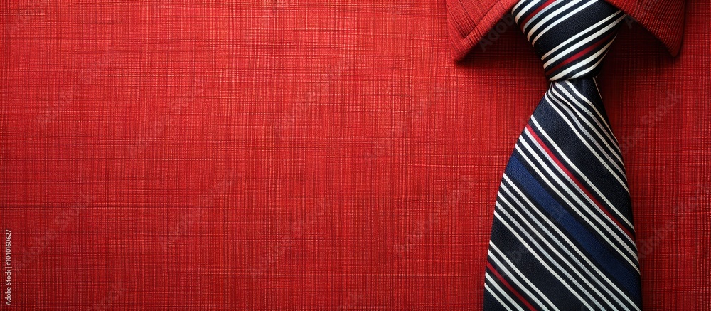 Aufkleber top view of a striped necktie on a red backdrop with available copy space image