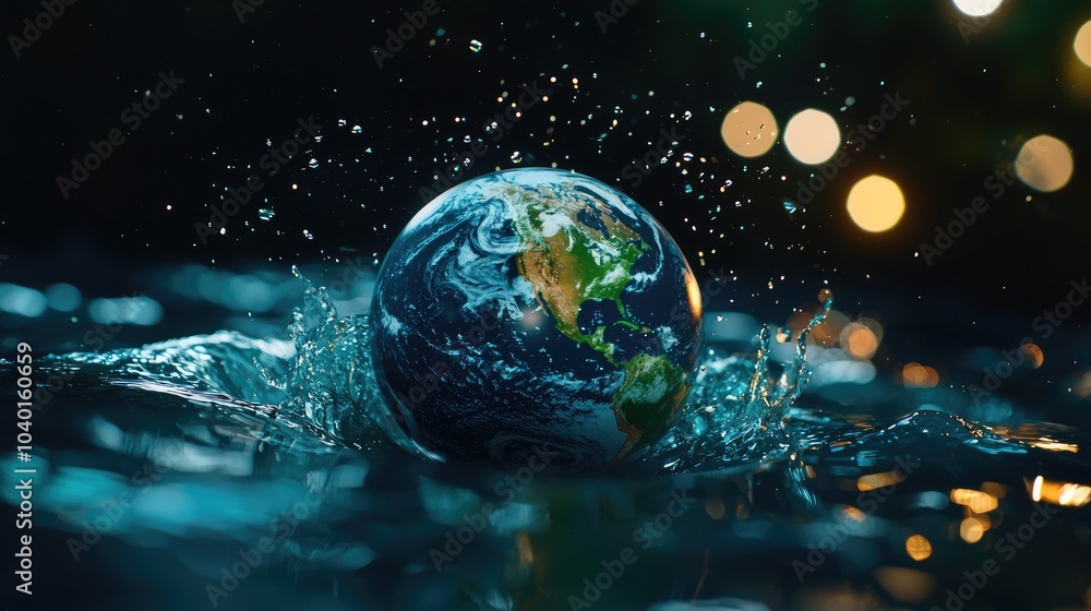 Poster globe splashing in water, illuminated background creating a dreamy atmosphere.