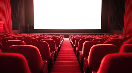 Fototapeta premium A deserted movie theater with rows of red seats and a blank screen, ready for the next big screening, isolated on white