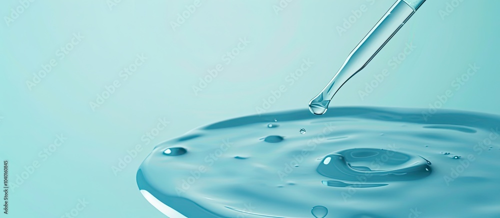 Poster a close up image with a pipette dropping liquid onto a light blue background featuring copy space